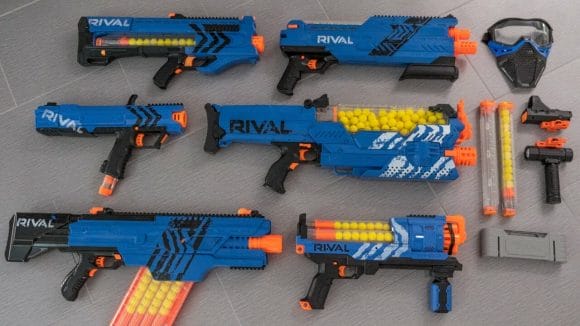 These Nerf rivals are used in our Nerf Gun Parties in Honolulu. Because these are high impact blasters, we prefer to use these guns with the older crowd. We recommend ages 16+ to use our Nerf Rivals. We have a variety of guns included in our Nerf Rivals such as our Hades XVII-6000 which shoots a ton of ammo in a given moment. Adults and Kids rave about our Nerf Parties! These Nerf Rivals are used by adults for a novel and exciting team building experience.